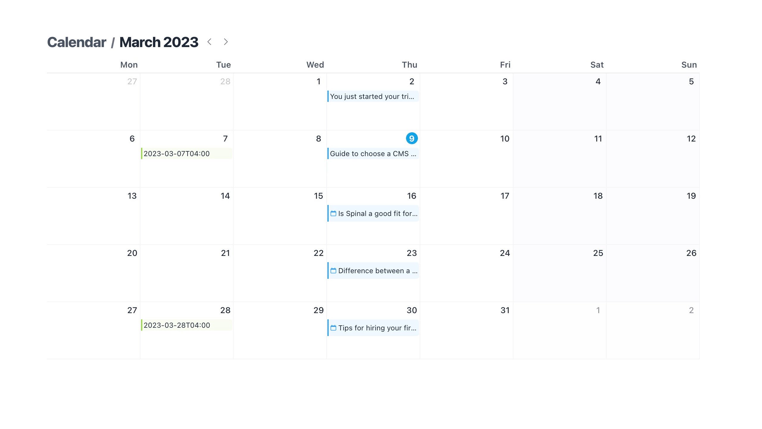 The calendar view showing various content being published and scheduled to be published in the future