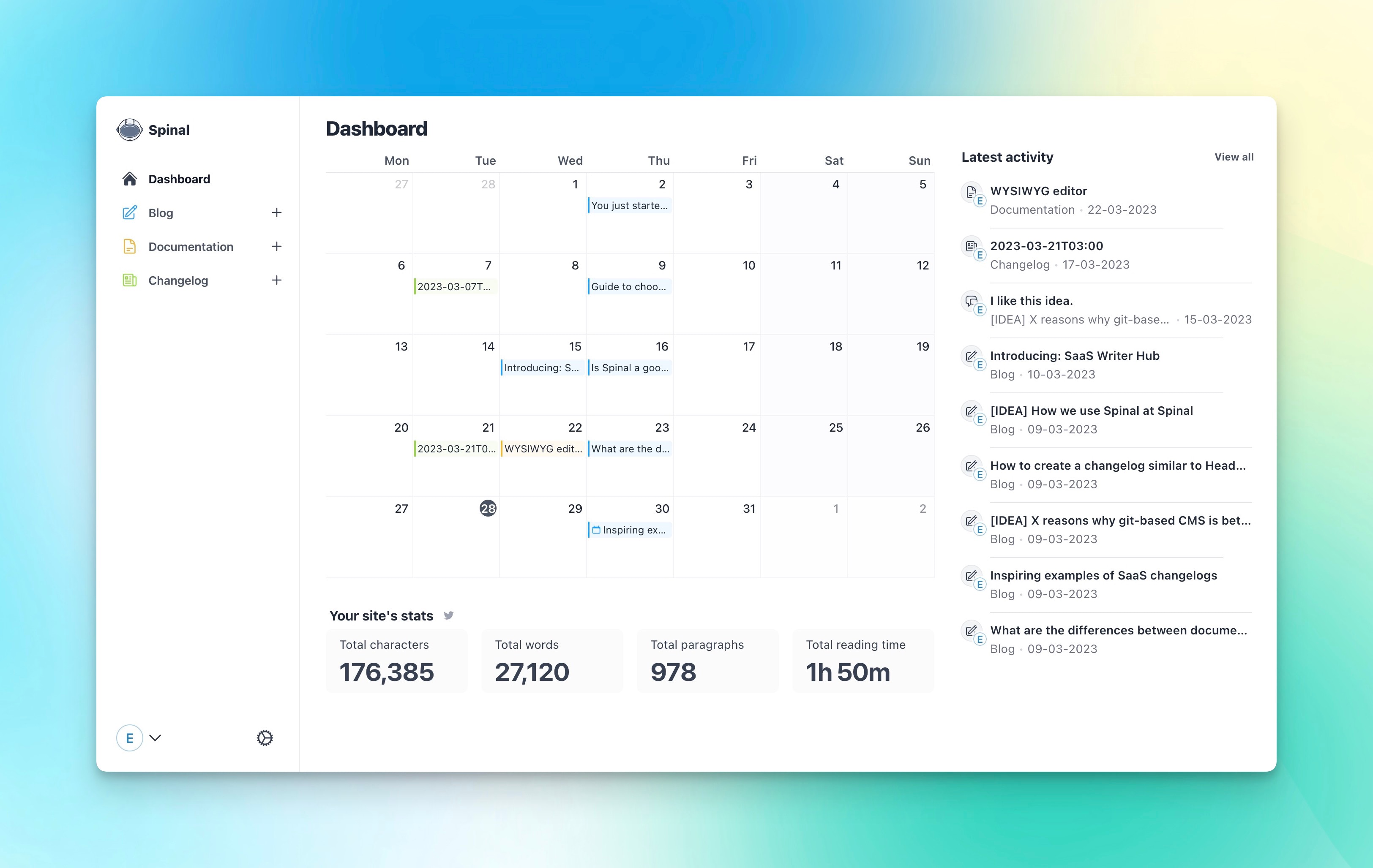 Preview of the new dashboard. WIth on the left the calendar and on the right the latest activity.