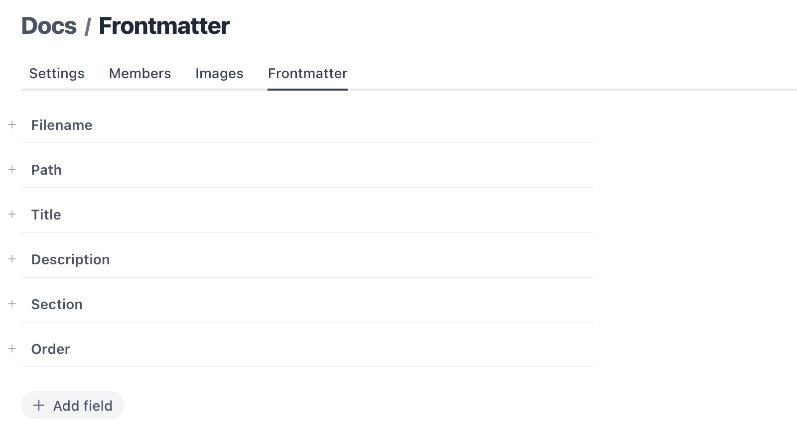 Screenshot of the Frontmatter form in the Spinal's Content Type settings