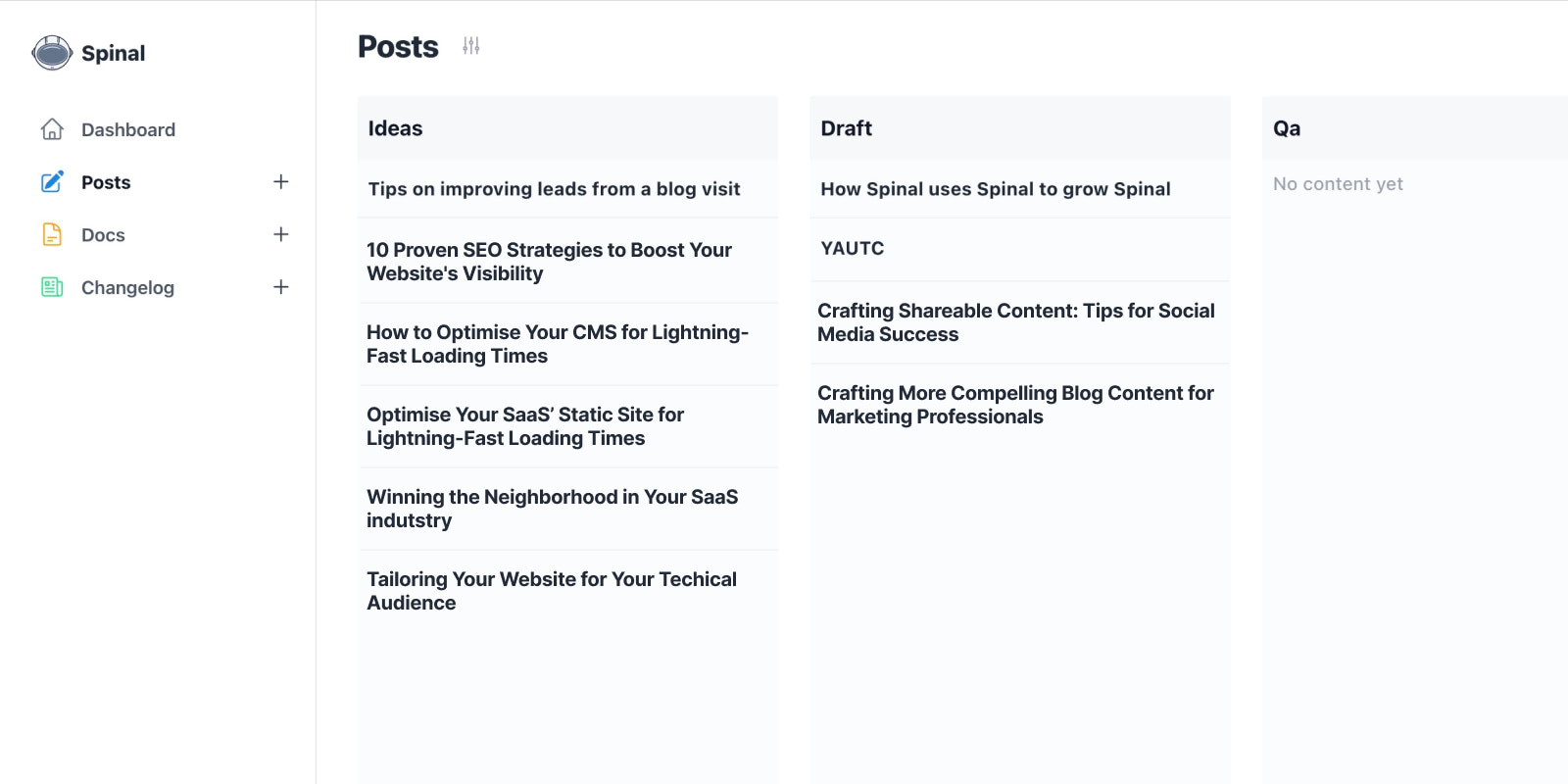 The three first stages visible, all with different content: Ideas, draft and QA