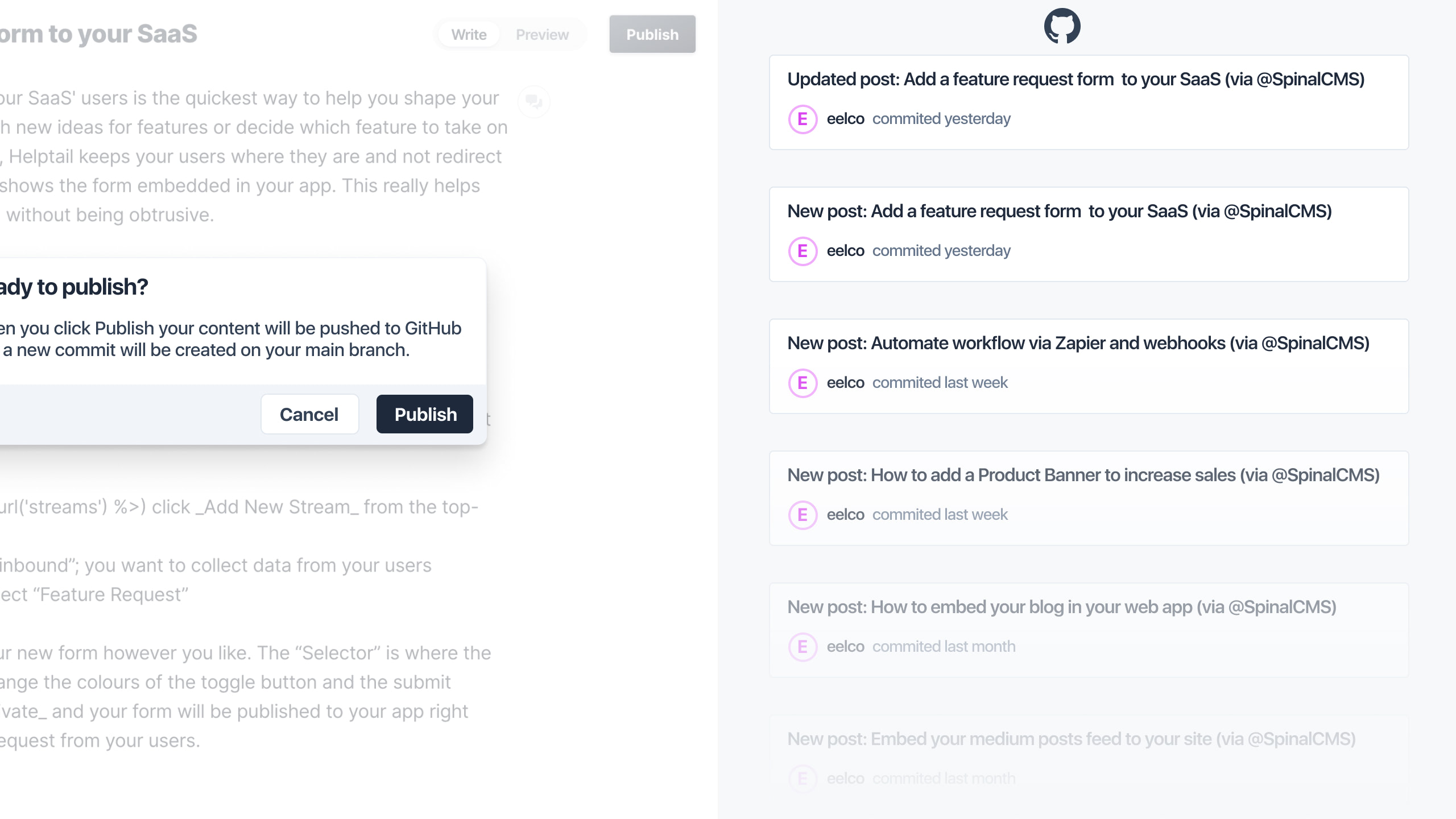 Side-by-side view of how publishing content in Spinal result in commits on your main branch in GitHub