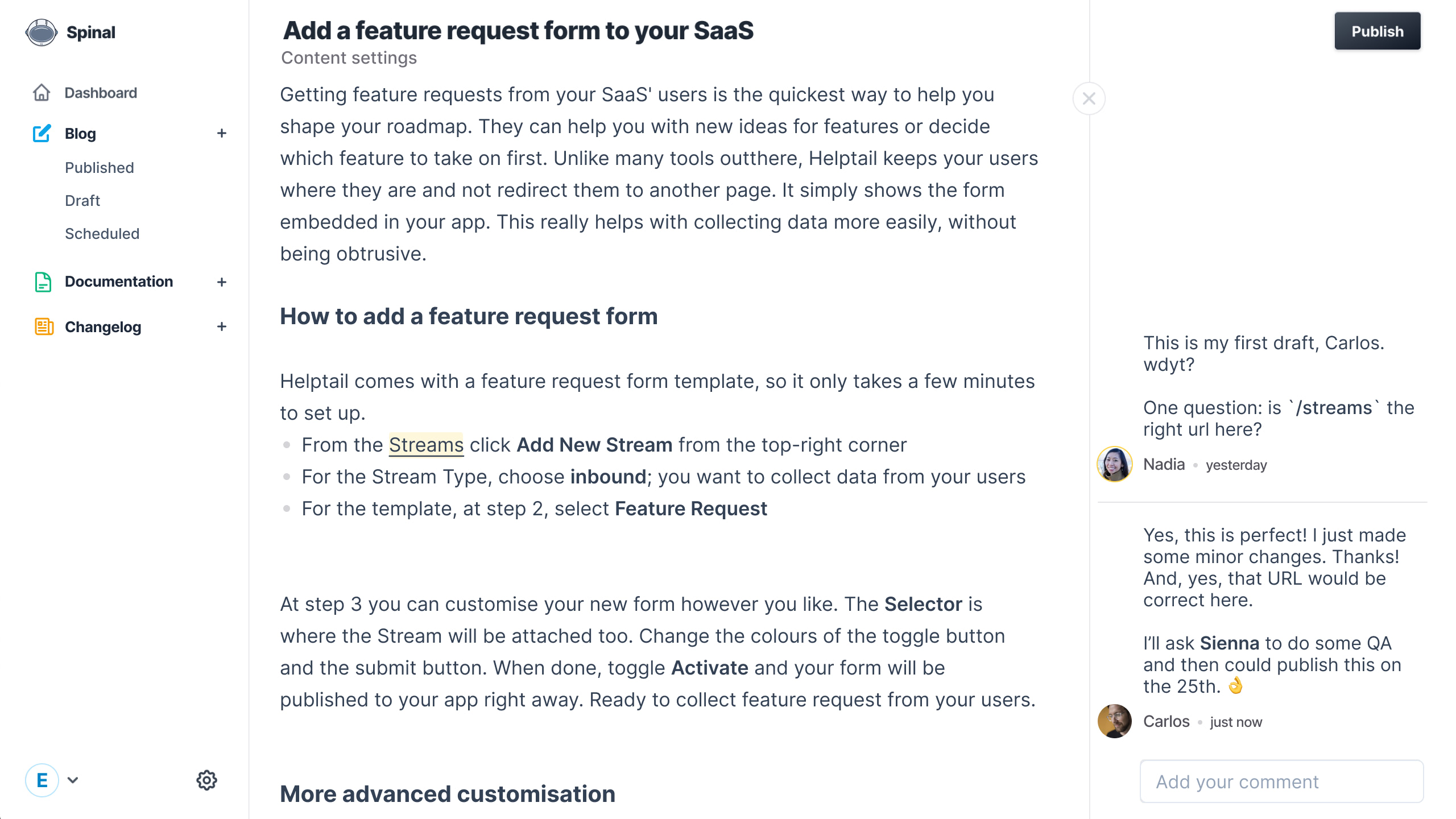 Showing a sidebar with comments to help you collaborate on your marketing content