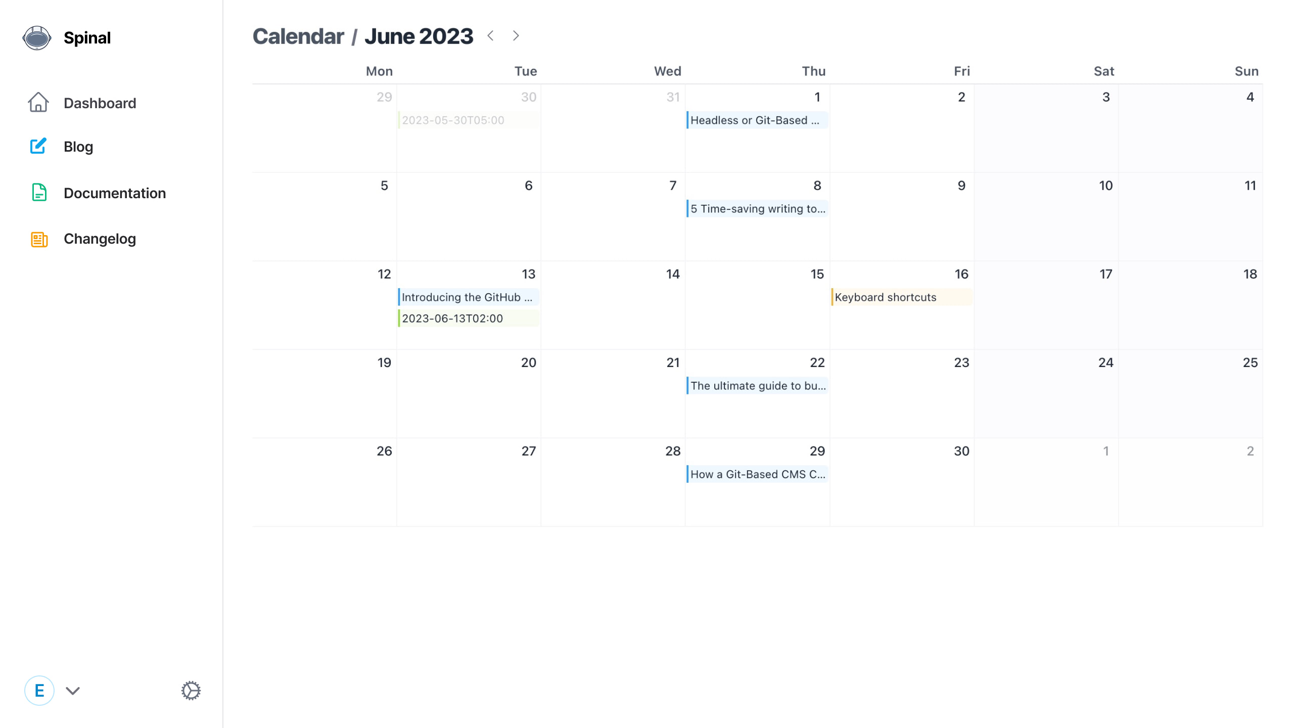 Showing the calendar for the month of June 2023, with content items shown on various days of the month