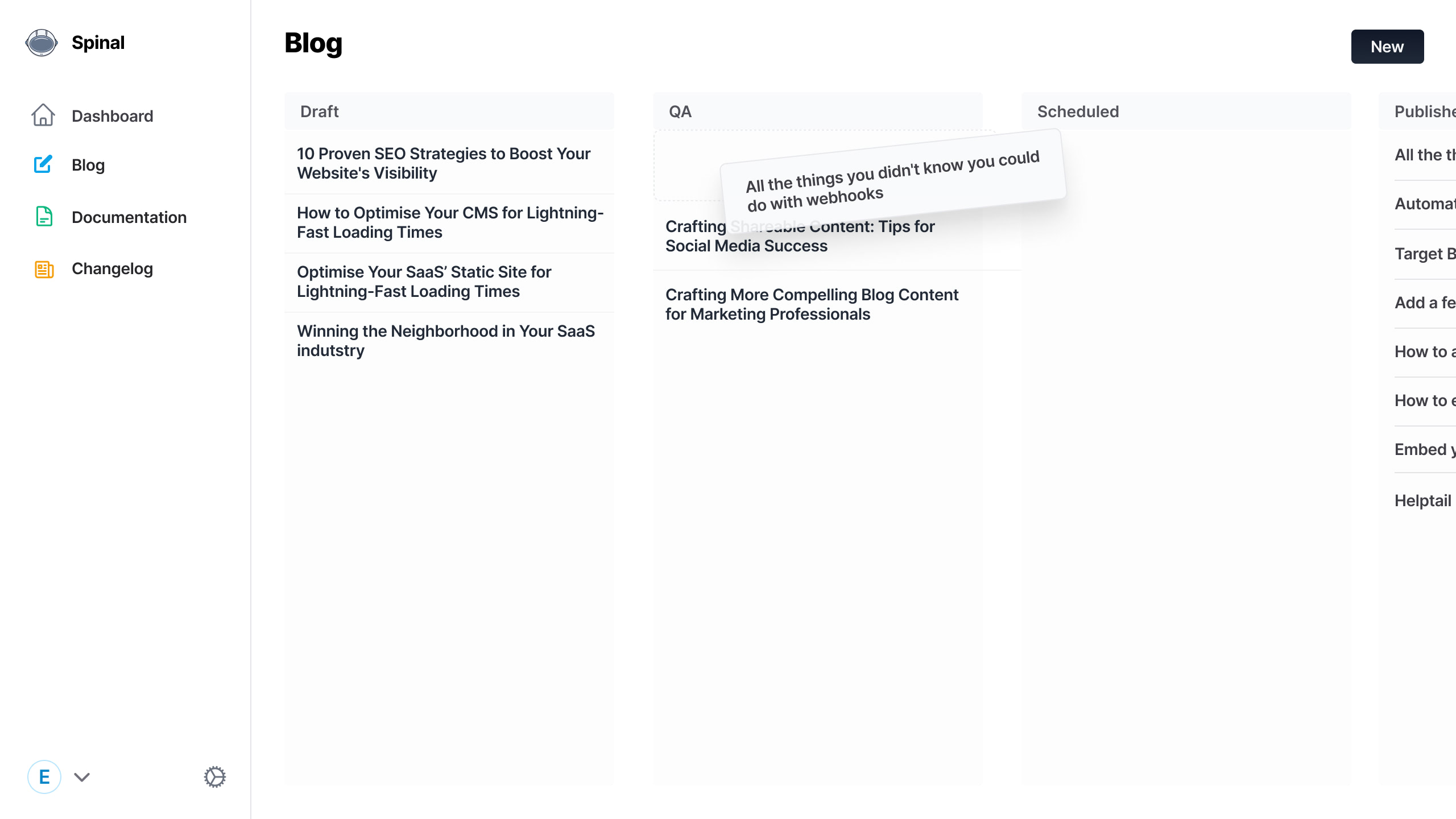 Workflow feature showing the stages Ideas, Draft, QA and Published each with its own list of content