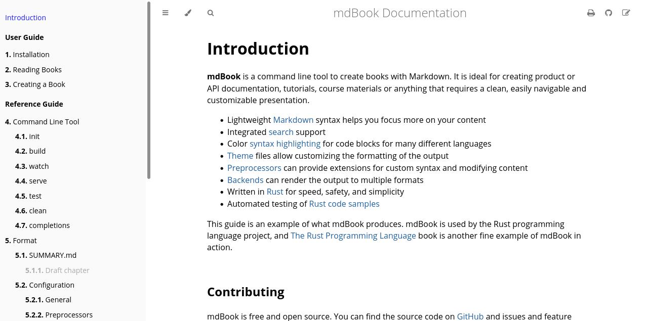 Screenshot of the Mdbook website